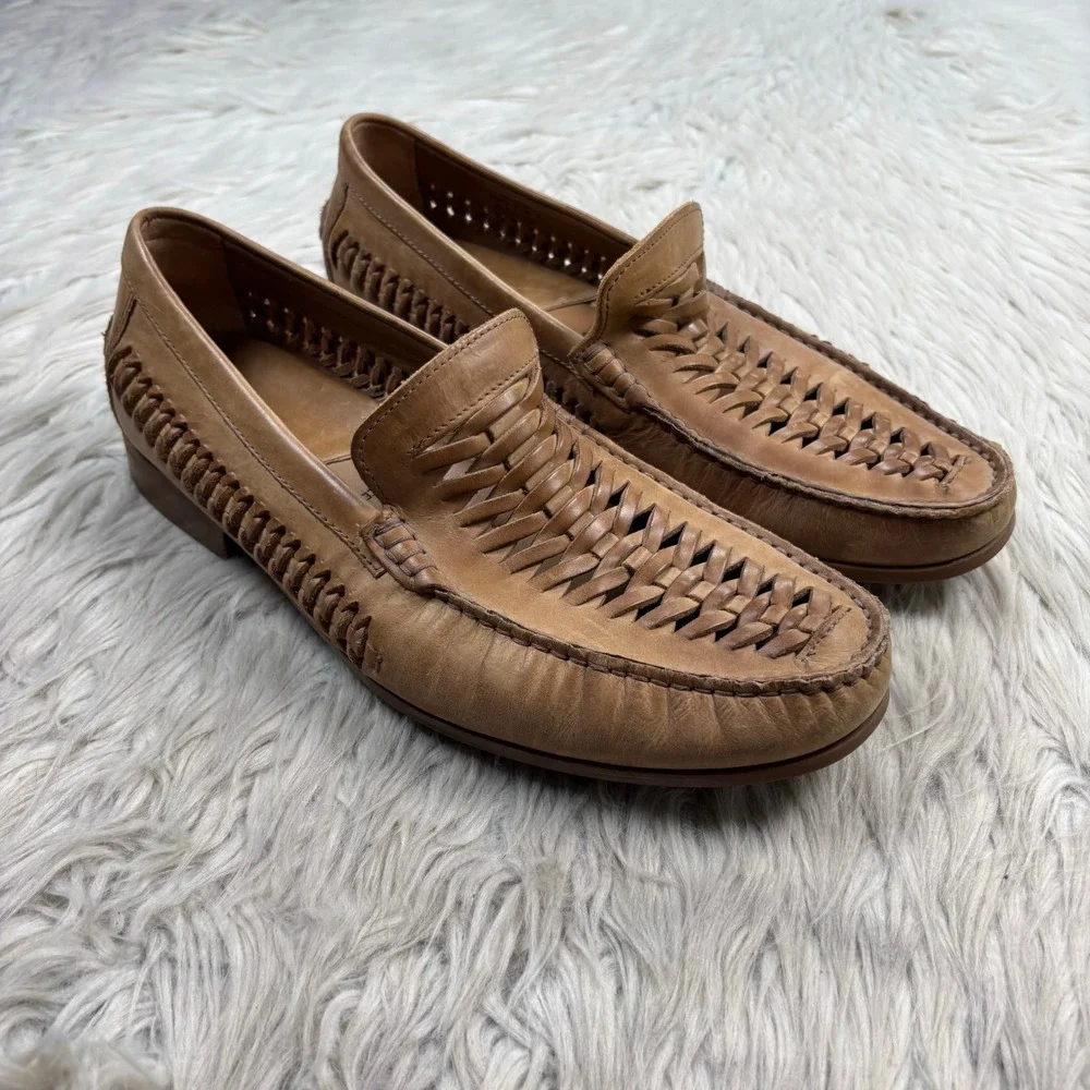 Johnston & Murphy Men's 8.5 Tan Woven Sheepskin Leather Loafers Resort Huaraches